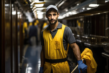 Portrait of confident cleaner in yellow uniform with gloves in corridor. Generative AIの素材