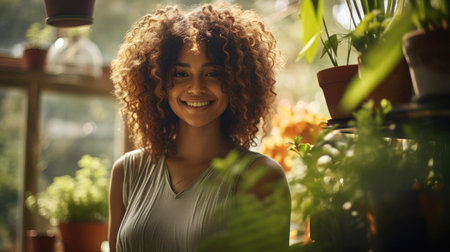 Smiling young Black woman among lush green plants in sunny greenhouse. Generative AIの素材