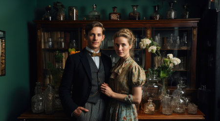 Refined couple dressed in vintage attire posing in traditional home dining room with elegant decor. Generative AIの素材