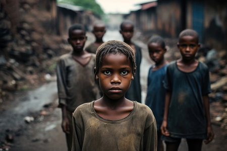young poor boy stands in slum environment with other children in the background. Generative AIの素材