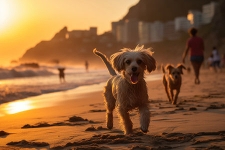 Happy dog playing on the beach with people during beautiful sunset. Generative AIの素材
