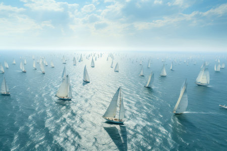 Aerial view of regatta with numerous sailing ships with white sails on the high seas.. Generative AIの素材