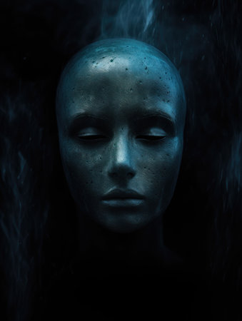 Ethereal mystical black head closed with eyes enveloped by wispy smoke in a dark ambiance. Generative AIの素材