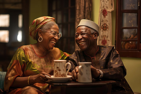 senior African couple enjoys heartwarming moment over coffee in living room. Generative AIの素材