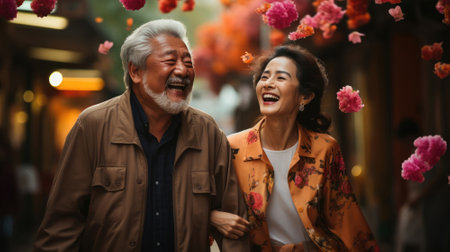 Elderly Asian couple laughing on the street. Generative AIの素材
