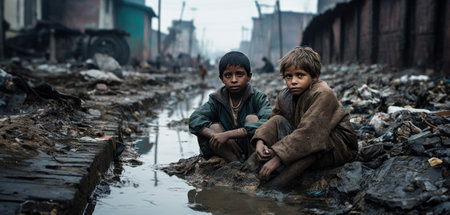 Two young children sitting together on the wet ground of their slum environment. Generative AIの素材