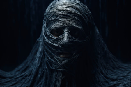 Mysterious figure in dark textured wrap of threads with only the eyes visible. Generative AIの素材