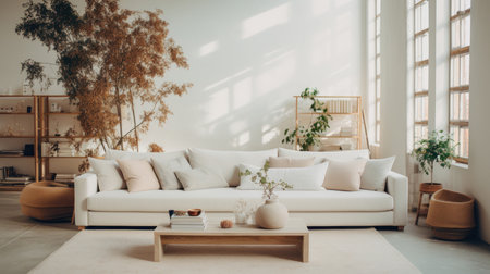 Modern bright living room with large white sofa and minimalistic wooden furniture. Generative AIの素材
