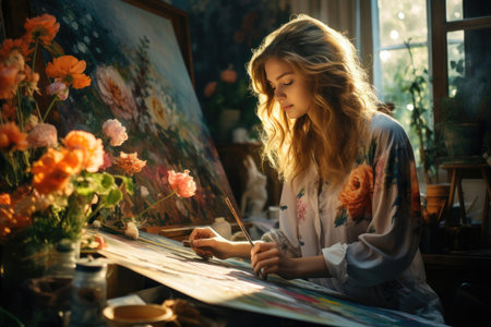 woman paints flowers in sunlit studio surrounded by vibrant yellow blooms and art supplies. Generative AIの素材