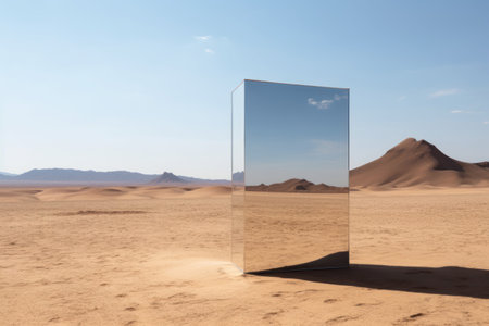 Mirrored rectangular sculpture in desert landscape under clear blue sky. Modern art. Generative AIの素材
