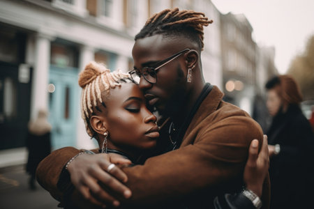 African American couple in close embrace on city street. Generative AIの素材