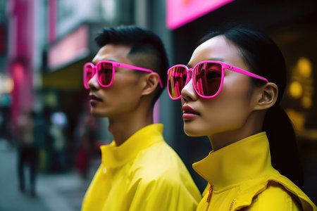 Trendy Couple in Sunglasses and Vibrant Fashion. Generative AIの素材