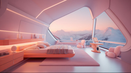 modern minimalist bedroom design with sweeping views of mountain range during sunrise. Generative AIの素材