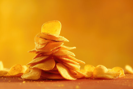 Stack of golden potato chips on vibrant yellow background. Generative AIの素材