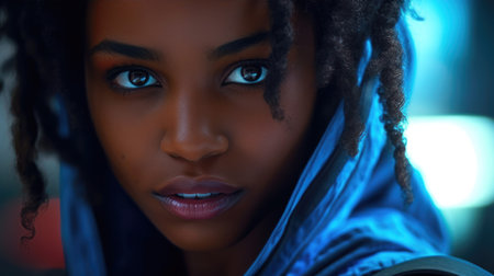 close up portrait of young black woman with captivating eyes. Generative AIの素材