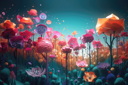 Colorful forest filled with whimsical poppy flowers and dreamy atmosphere. Generative AIの素材
