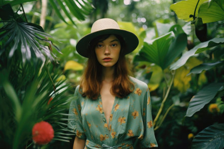 Woman model in floral dress amidst lush greenery. Generative AIの素材