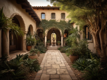 Tranquil Mediterranean-style courtyard featuring archways and stone pathway. Generative AIの素材