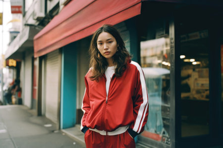 Young Asian woman stands confidently on the street in red vintage tracksuit. Exuding relaxed yet athletic vibe.. Generative AIの素材