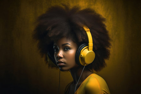 Young black woman in bright yellow headphones enjoying music on golden yellow background.. Generative AIの素材