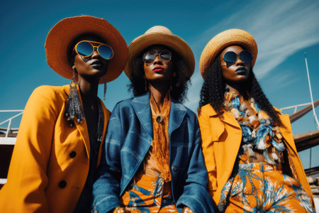 Three chic african woman in yellow and blue outfits with stylish hats and sunglasses outdoors.. Generative AIの素材