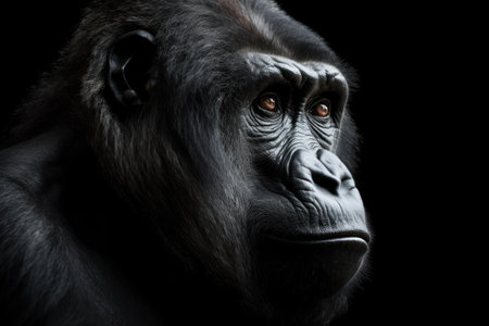 Close up portrait of gorilla with soulful eyes on dark background. Generative AIの素材