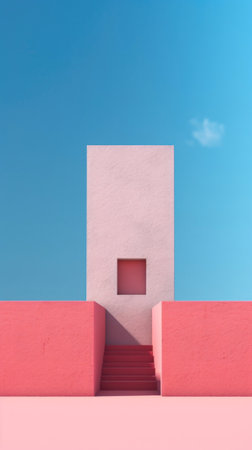 Minimalistic architecture with pink geometric wall and vivid blue sky background. Generative AIの素材