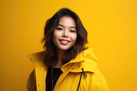 Young Asian woman smiling brightly in yellow raincoat against yellow background. Generative AIの素材