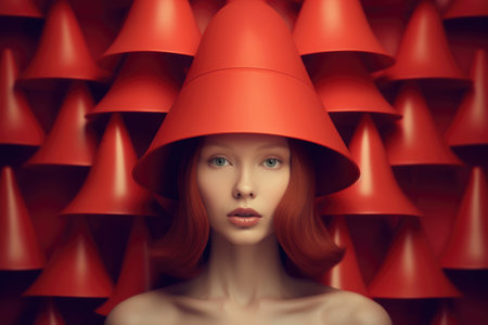 Portrait of a woman in unique red cone hat, with symmetrical background of conical shapes.. Generative AIの素材