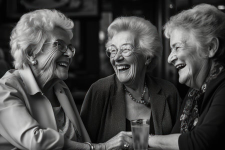 Elderly women laughing heartily sharing joyful moments together. People emotion concept. Generative AIの素材