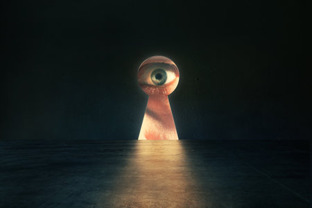 Human eye looking through keyhole in concrete wall in dark room with copy spaceの写真素材