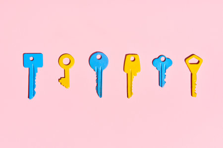 Various colorful keys on pink background. Flat layの写真素材