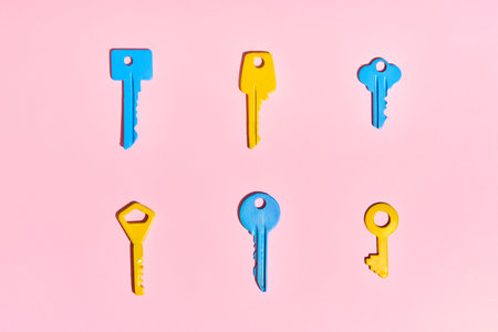 Various colorful keys on pink background. Flat layの写真素材