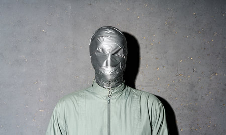 Mystery man with duct tape face wrap on gray backgroundの写真素材