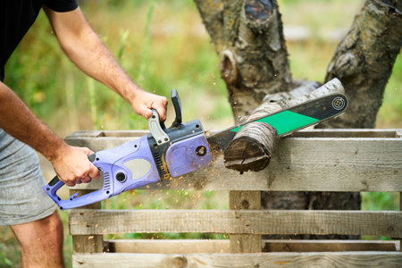 Close-up of man cutting trees using electrical chainsaw in motion at backyard home