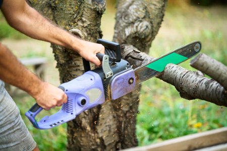 Close-up of man cutting trees using electrical chainsaw in motion at backyard home