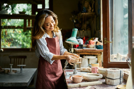 Female artist sculpts crafts with ceramic clay at her creative workshop. Mastering the art of pottery craft ceramicsの写真素材