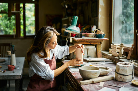 Female artist sculpts crafts with ceramic clay at her creative workshop. Mastering the art of pottery craft ceramicsの写真素材