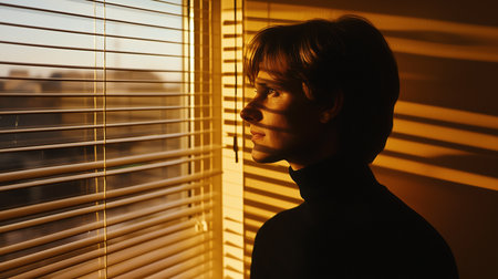 Young man in black turtleneck sweater looking to window, blinds shadows on his face. Copy space. Generative AIの素材