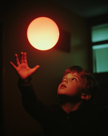 Little boy truly to reach big bright glowing ball hangs in the air in the middle of the room. Generative AIの素材