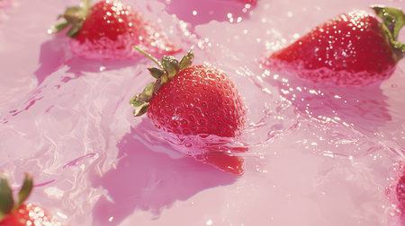 Strawberry in water on a pink floor background. Fruit, refreshing concept. Generative AIの素材