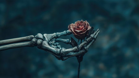 Skeleton zombie hand holding dried rose closeup. Death, Halloween, time running out concept. Generative AIの素材