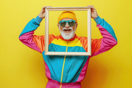 Happy active senior man in fashionable clothing isolated yellow color background. Happy retirement concept. Generative AIの素材