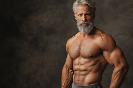 Muscular fit older man shirtless posing confidently over dark background with copy space. Fitness concept. Generative AIの素材