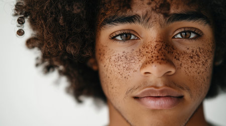 Close-up portrait of African American man with freckles on white background. Mens beauty. Generative AIの素材