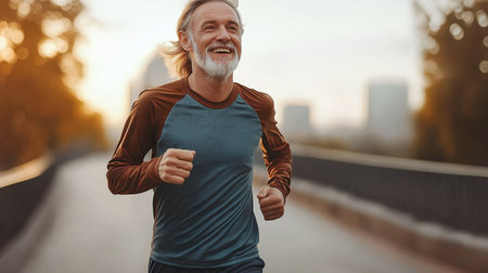 Happy energetic older man jogging outdoors on bridge at warm sunlight. Generative AIの素材