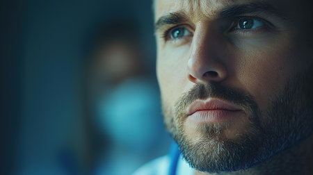 Close-up portrait of thoughtful male doctor with copy space. Generative AIの素材