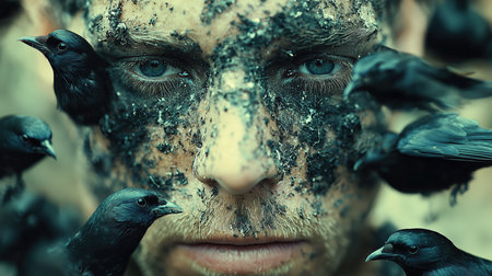 Close-up of a man with mud-covered face surrounded by black birds. surrealism concept. Generative AIの素材