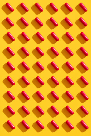 Red pills in rows on yellow background, creative layout. Medicine, healthcare conceptの写真素材