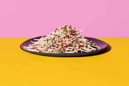 Large pile of wooden red tip matches stacked on purple plate over pink yellow background.の写真素材
